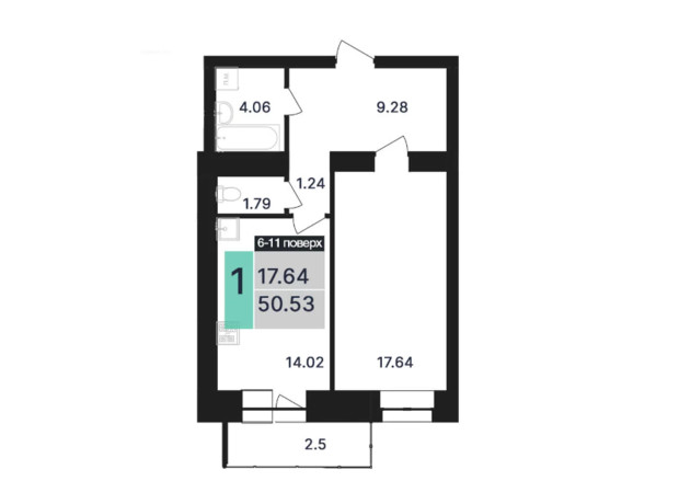 ЖК Династия: планировка 1-комнатной квартиры 50.53 м²