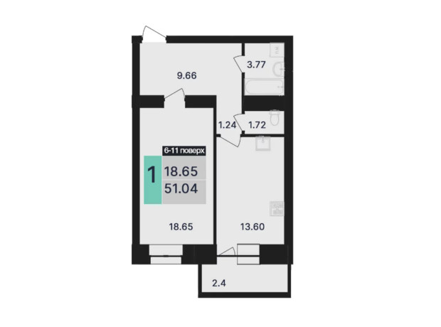 ЖК Династія: планування 1-кімнатної квартири 51.04 м²