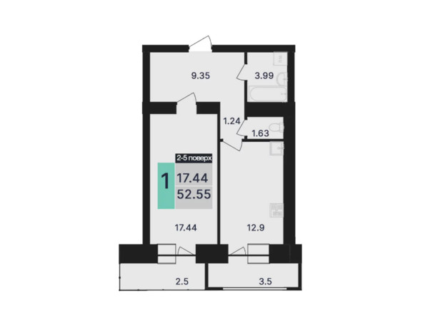 ЖК Династия: планировка 1-комнатной квартиры 52.55 м²