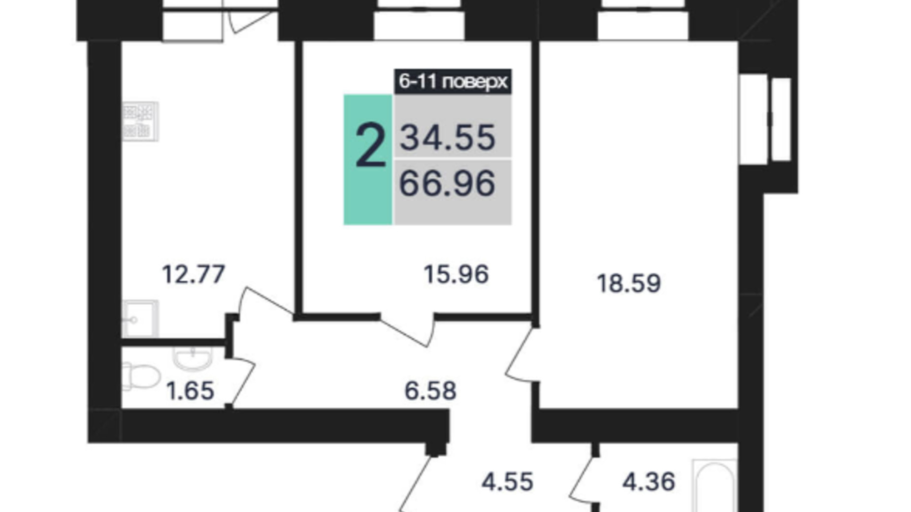 Планировка 2-комнатной квартиры в ЖК Династия 66.96 м², фото 654099