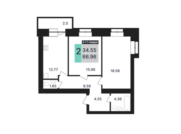 ЖК Династия: планировка 2-комнатной квартиры 66.96 м²