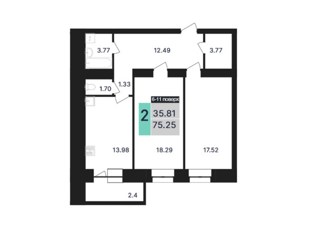 ЖК Династия: планировка 2-комнатной квартиры 75.25 м²