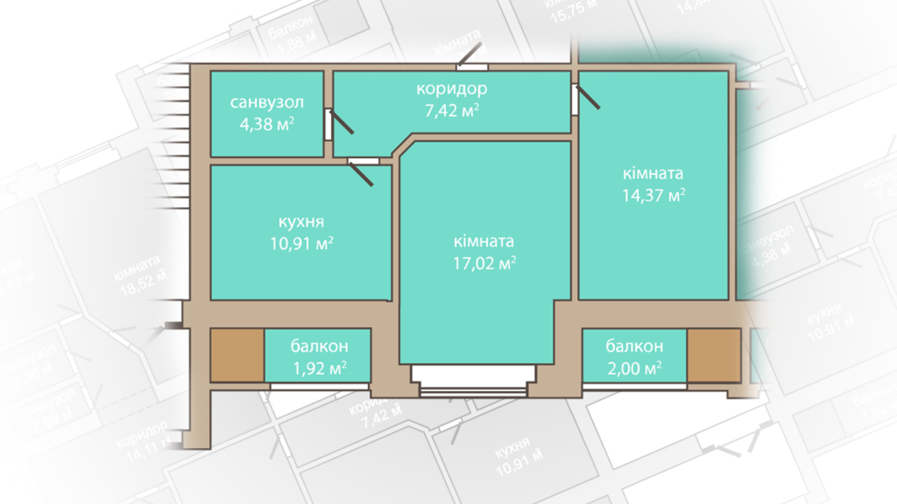 Планування 2-кімнатної квартири в ЖК Дніпровська Рів'єра 58.02 м², фото 654102