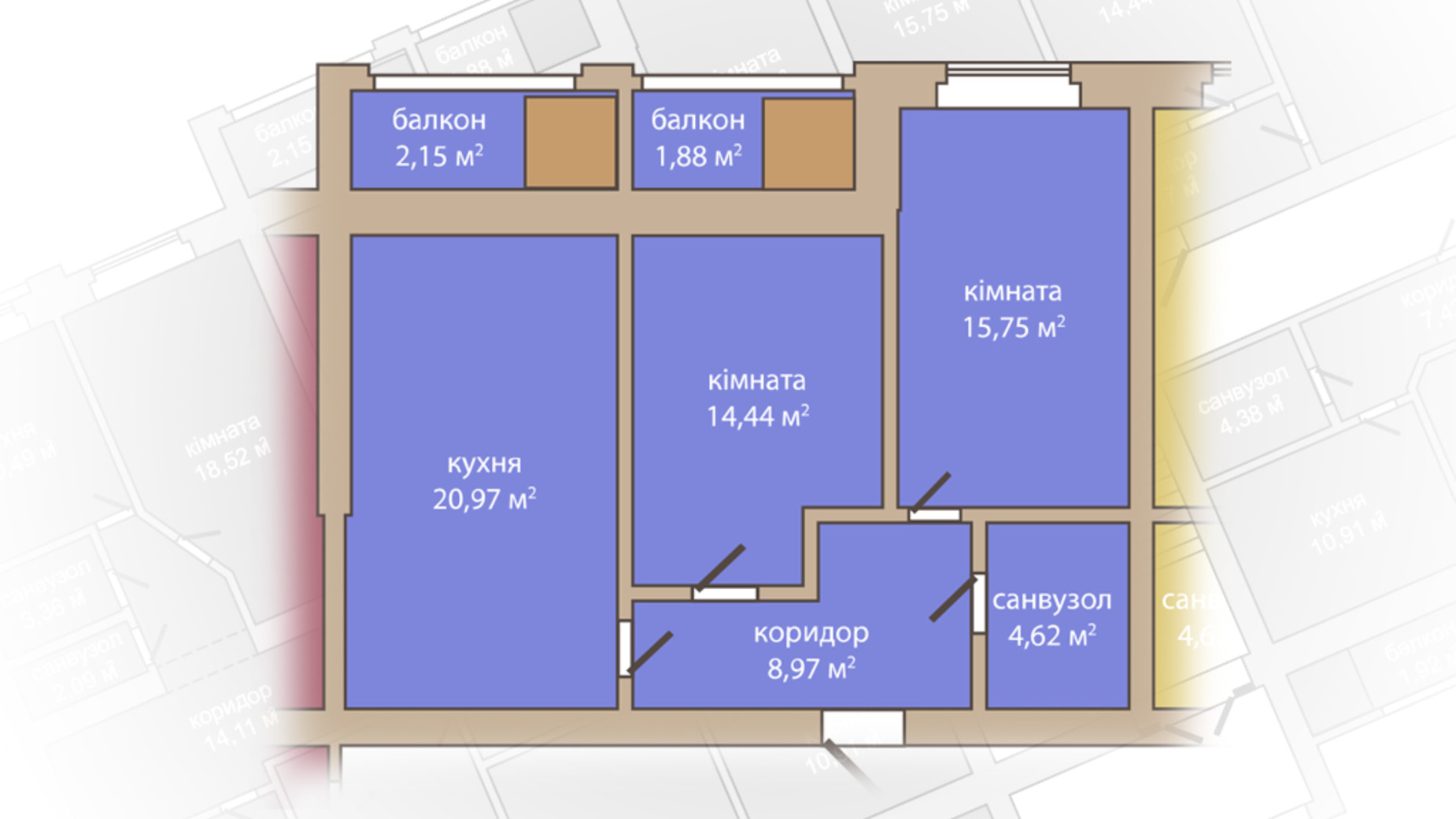 Планування 2-кімнатної квартири в ЖК Дніпровська Рів'єра 68.78 м², фото 654113