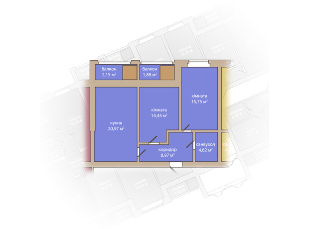 ЖК Дніпровська Рів'єра: планування 2-кімнатної квартири 68.78 м²