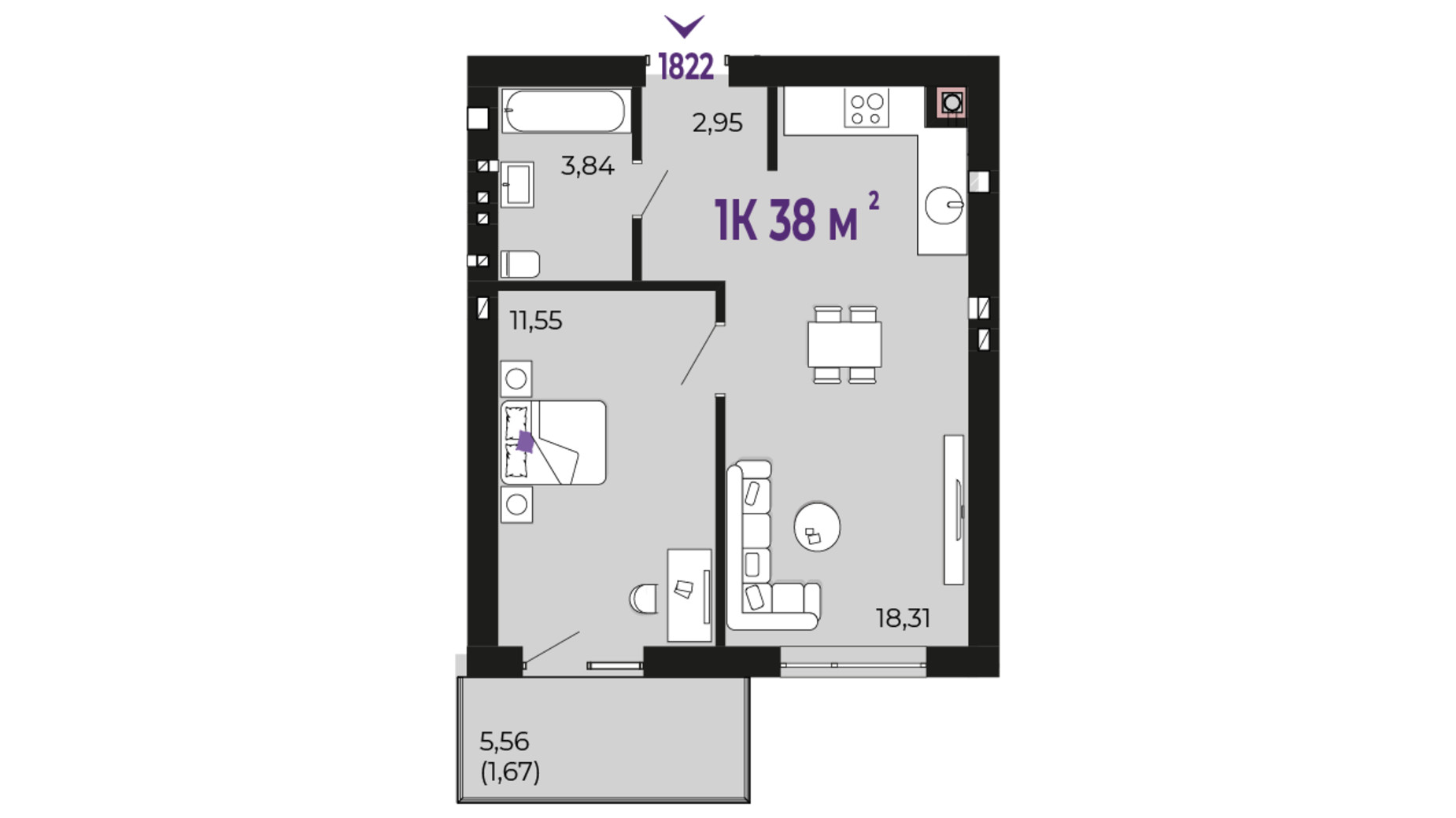 Планування 1-кімнатної квартири в ЖК Долішній 38 м², фото 654271