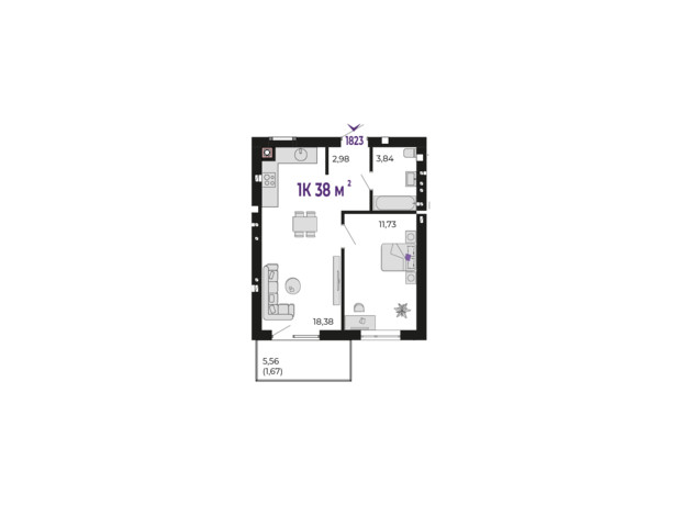 ЖК Долішній: планування 1-кімнатної квартири 38 м²