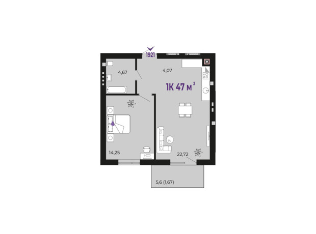 ЖК Долішній: планировка 1-комнатной квартиры 47 м²