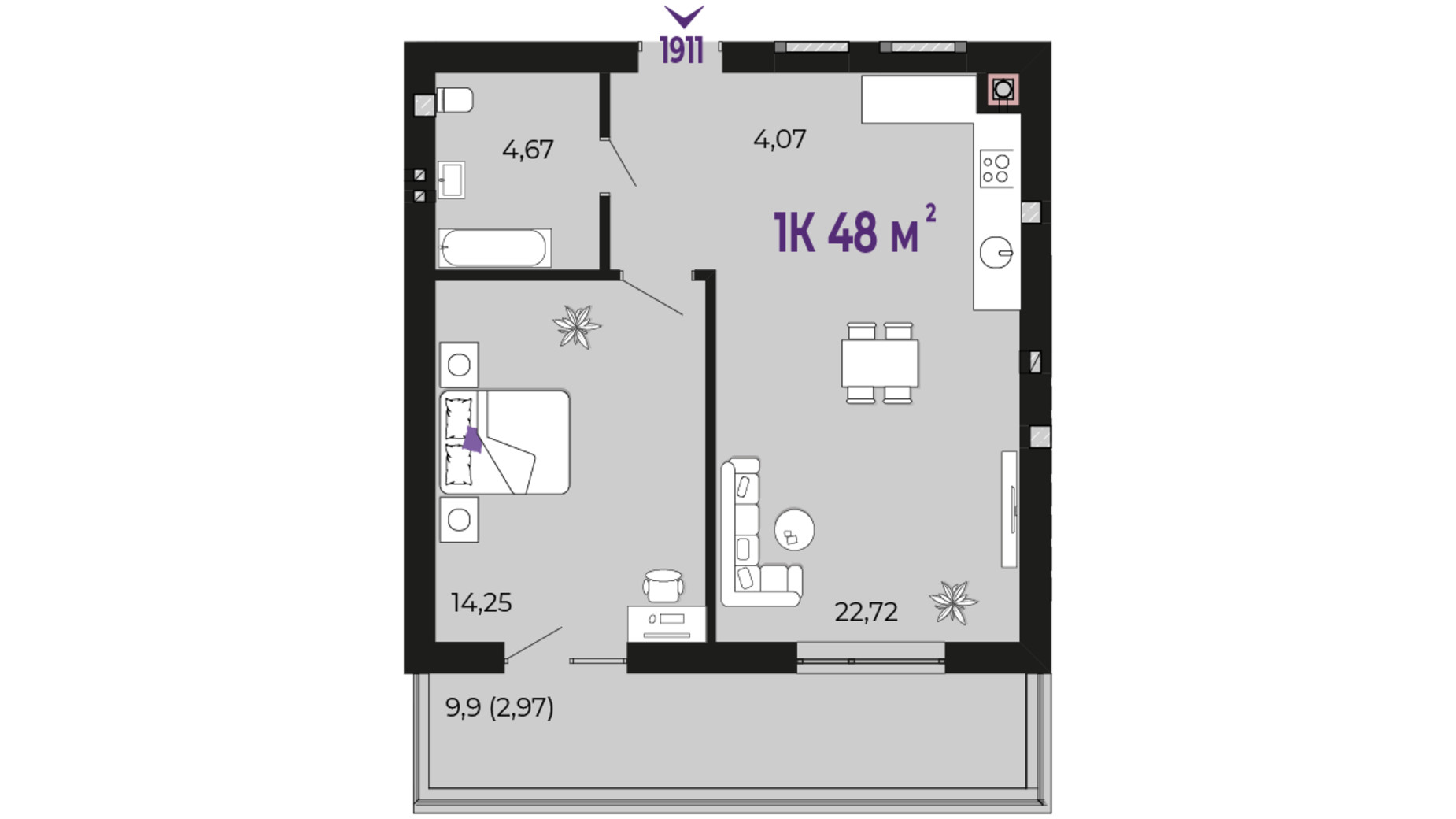 Планування 1-кімнатної квартири в ЖК Долішній 48 м², фото 654747