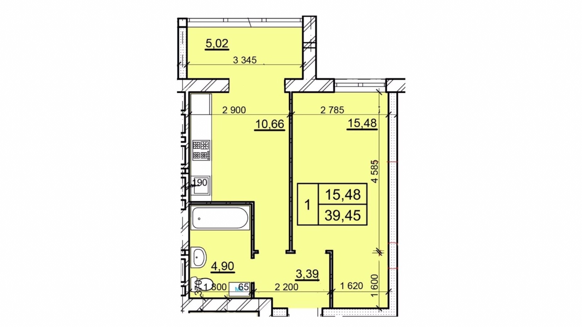 Планування 1-кімнатної квартири в ЖК Дім 3 39.45 м², фото 654752