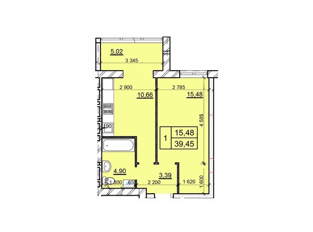 ЖК Дім 3: планування 1-кімнатної квартири 39.45 м²