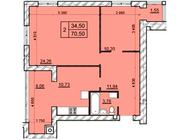 ЖК Дім 3: планування 2-кімнатної квартири 84.2 м²