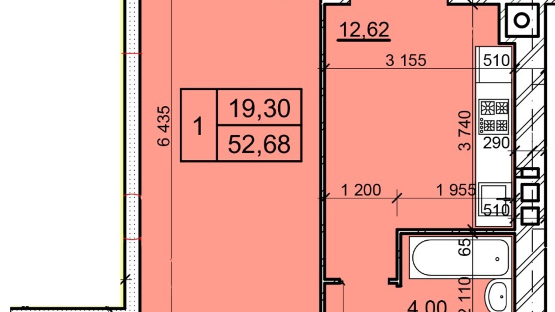Планування 1-кімнатної квартири в ЖК Дім 3 52.68 м², фото 654762