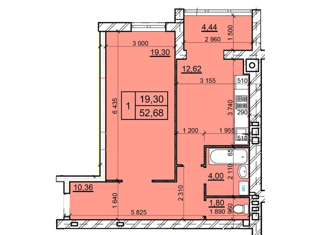 ЖК Дом 3: планировка 1-комнатной квартиры 52.68 м²