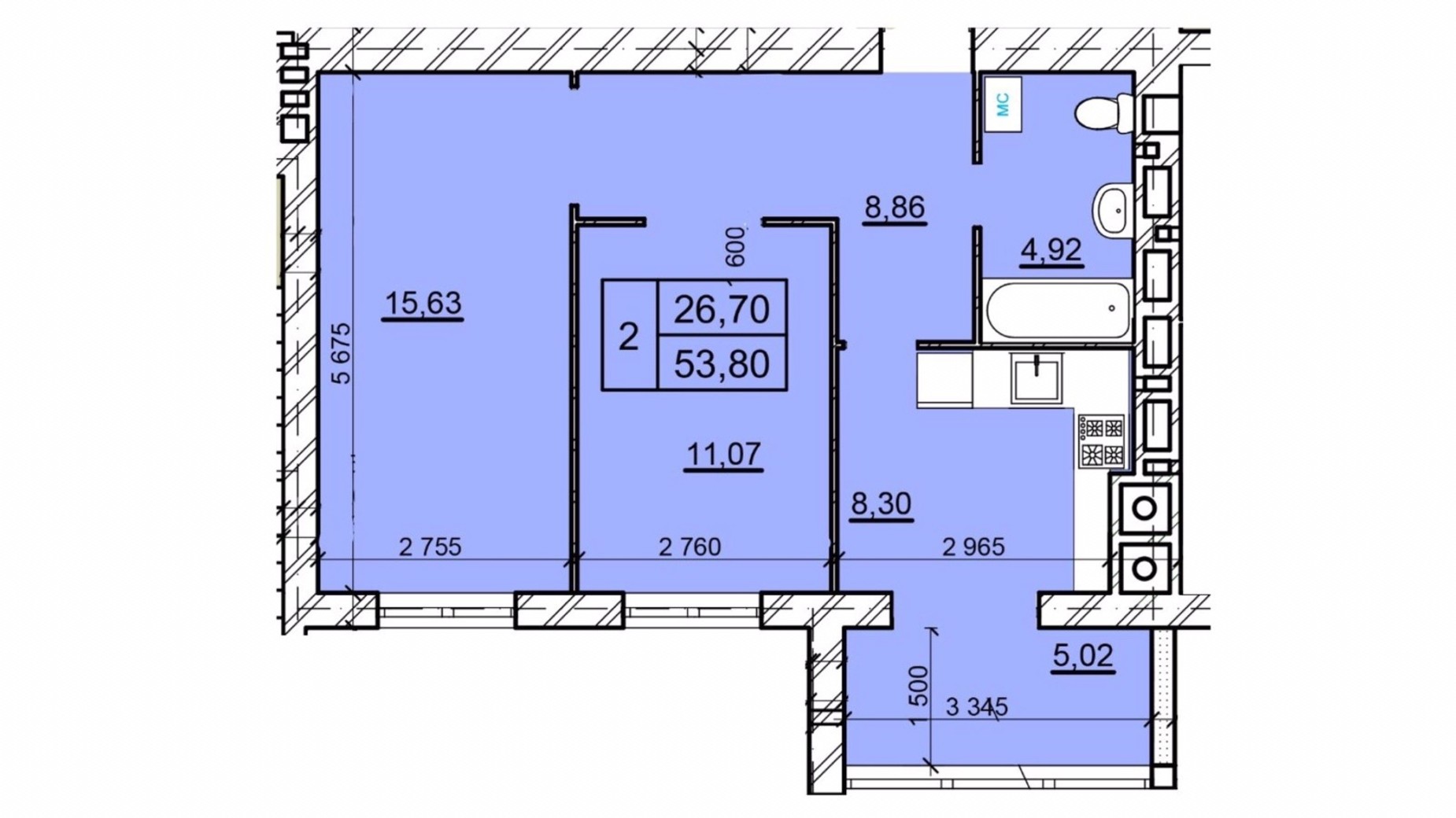 Планування 2-кімнатної квартири в ЖК Дім 3 53.8 м², фото 654763