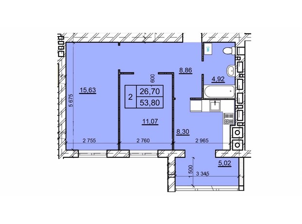 ЖК Дом 3: планировка 2-комнатной квартиры 53.8 м²