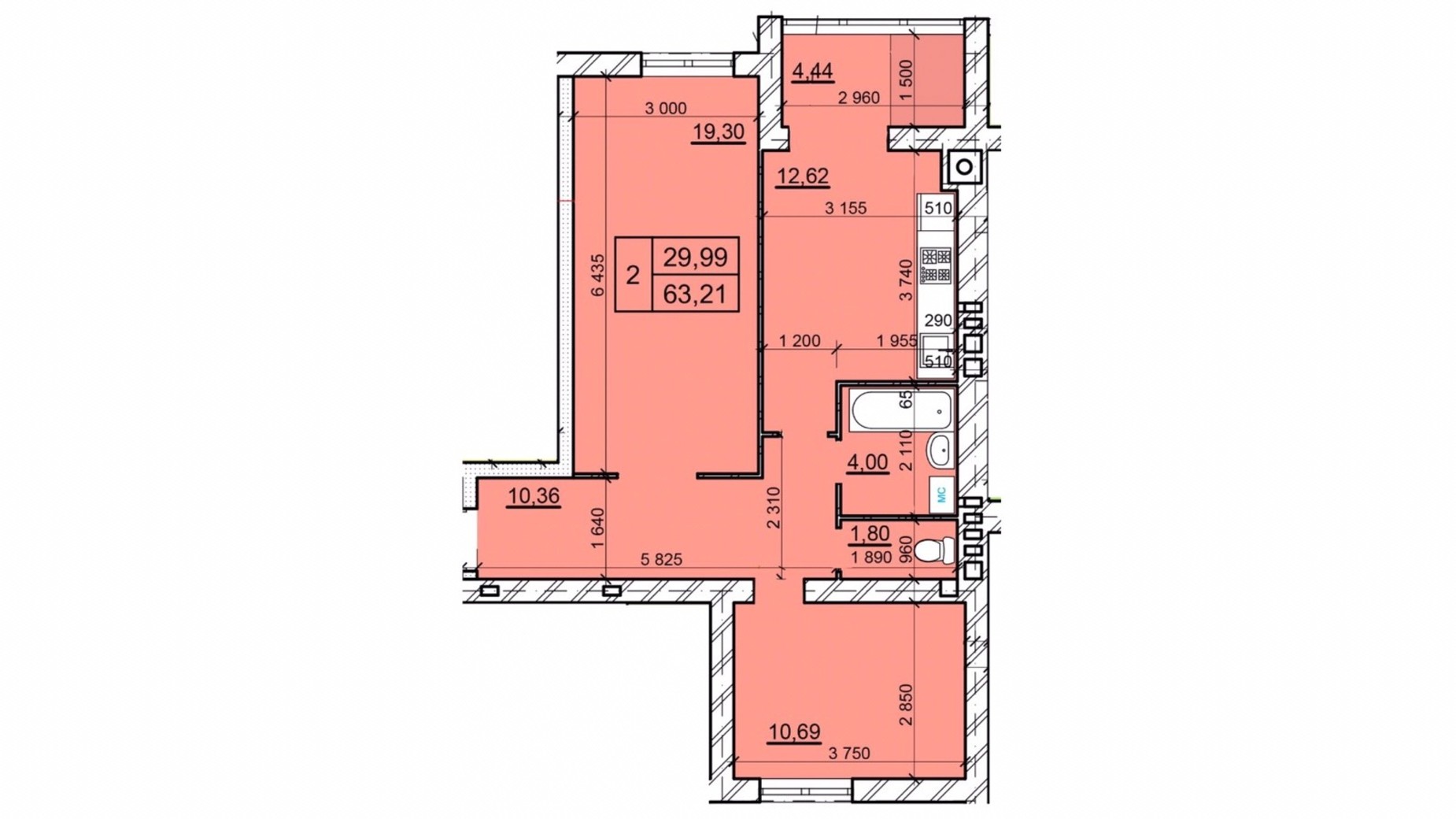 Планировка 2-комнатной квартиры в ЖК Дом 3 63.21 м², фото 654765