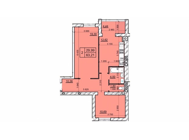 ЖК Дім 3: планування 2-кімнатної квартири 63.21 м²