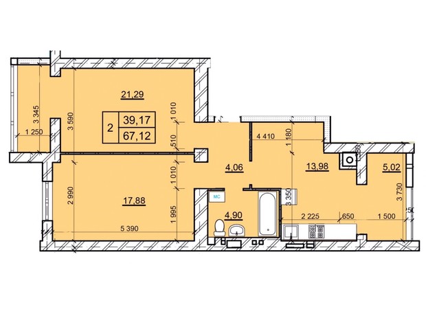 ЖК Дім 3: планування 2-кімнатної квартири 67.12 м²