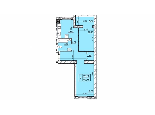 ЖК Дім 3: планування 2-кімнатної квартири 59.78 м²