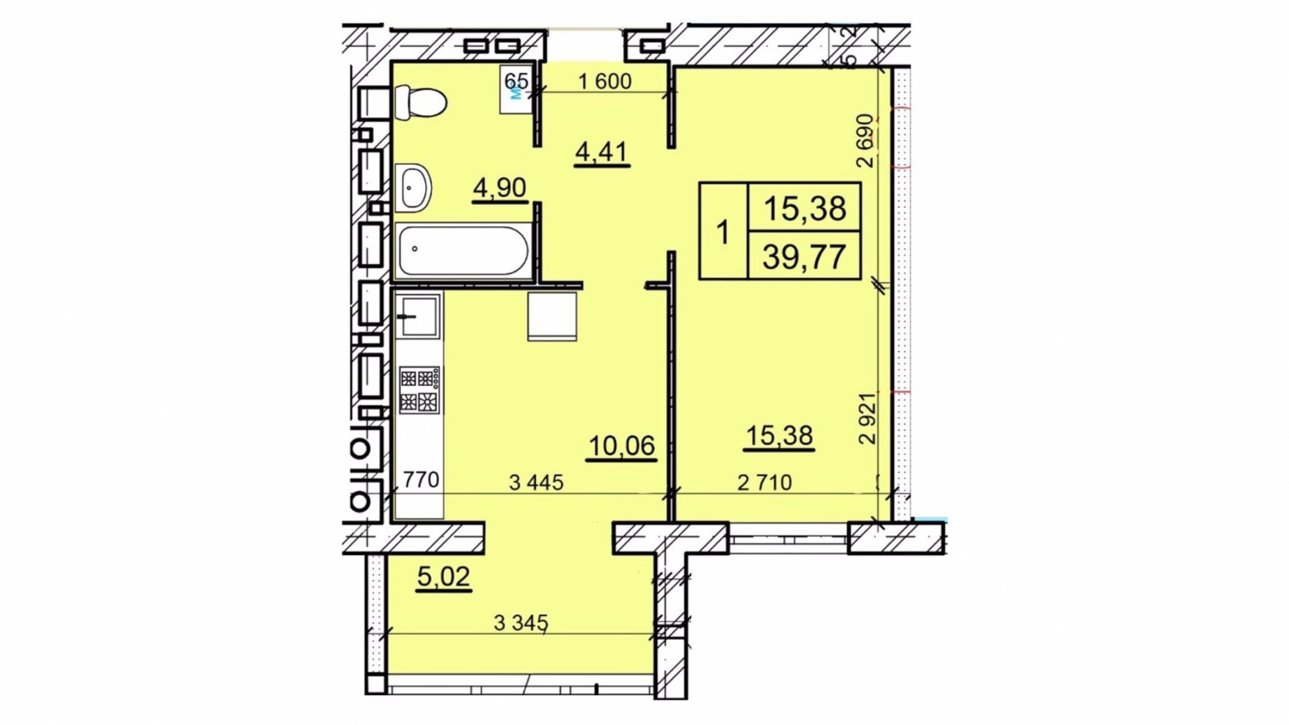 Планування 1-кімнатної квартири в ЖК Дім 3 39.77 м², фото 654774