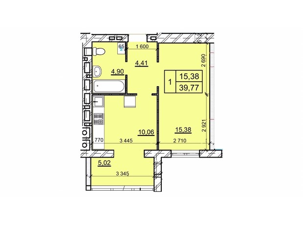 ЖК Дом 3: планировка 1-комнатной квартиры 39.77 м²