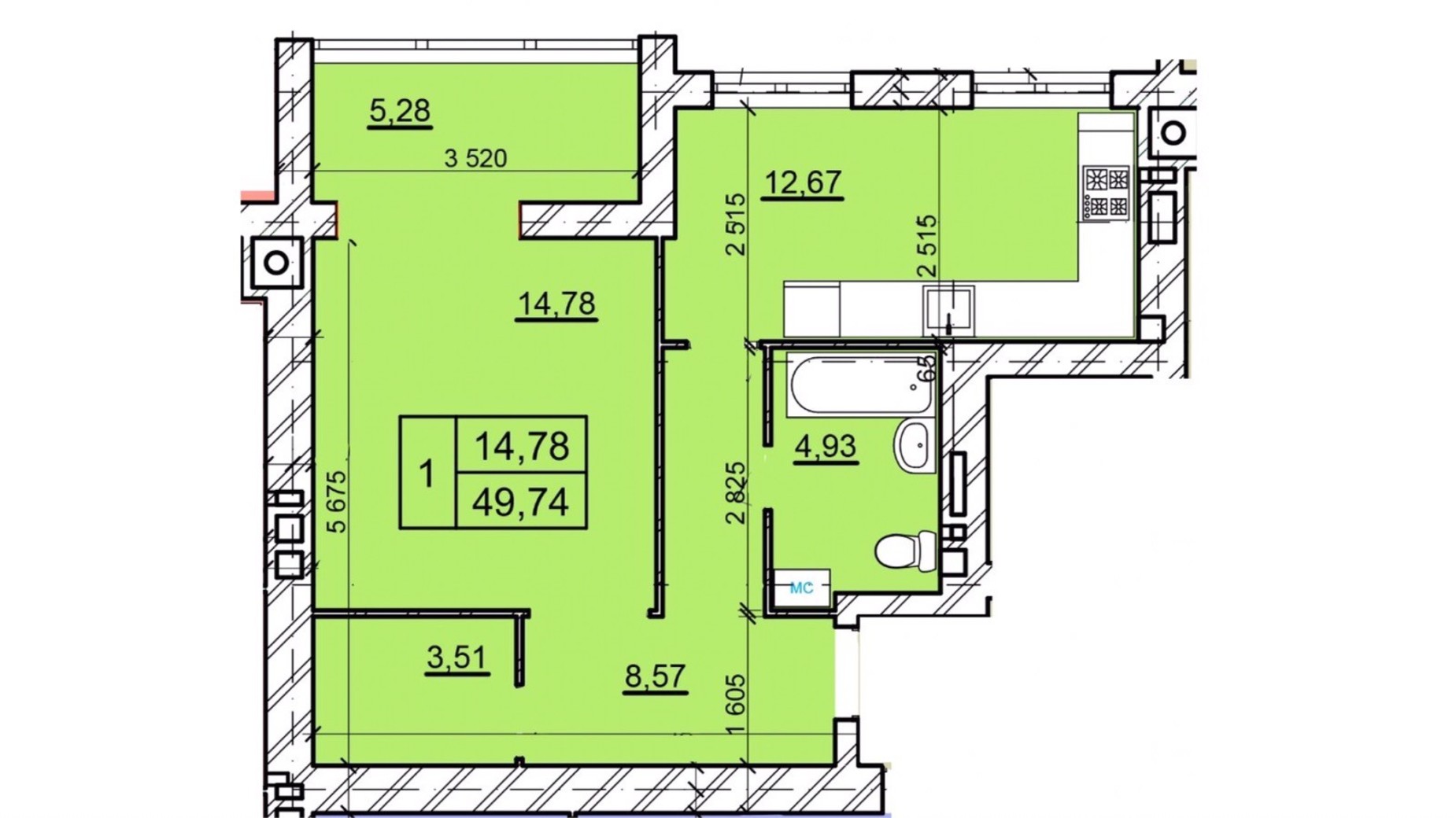 Планування 1-кімнатної квартири в ЖК Дім 3 49.74 м², фото 654775