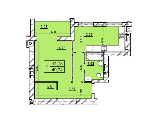 ЖК Дім 3: планування 1-кімнатної квартири 49.74 м²