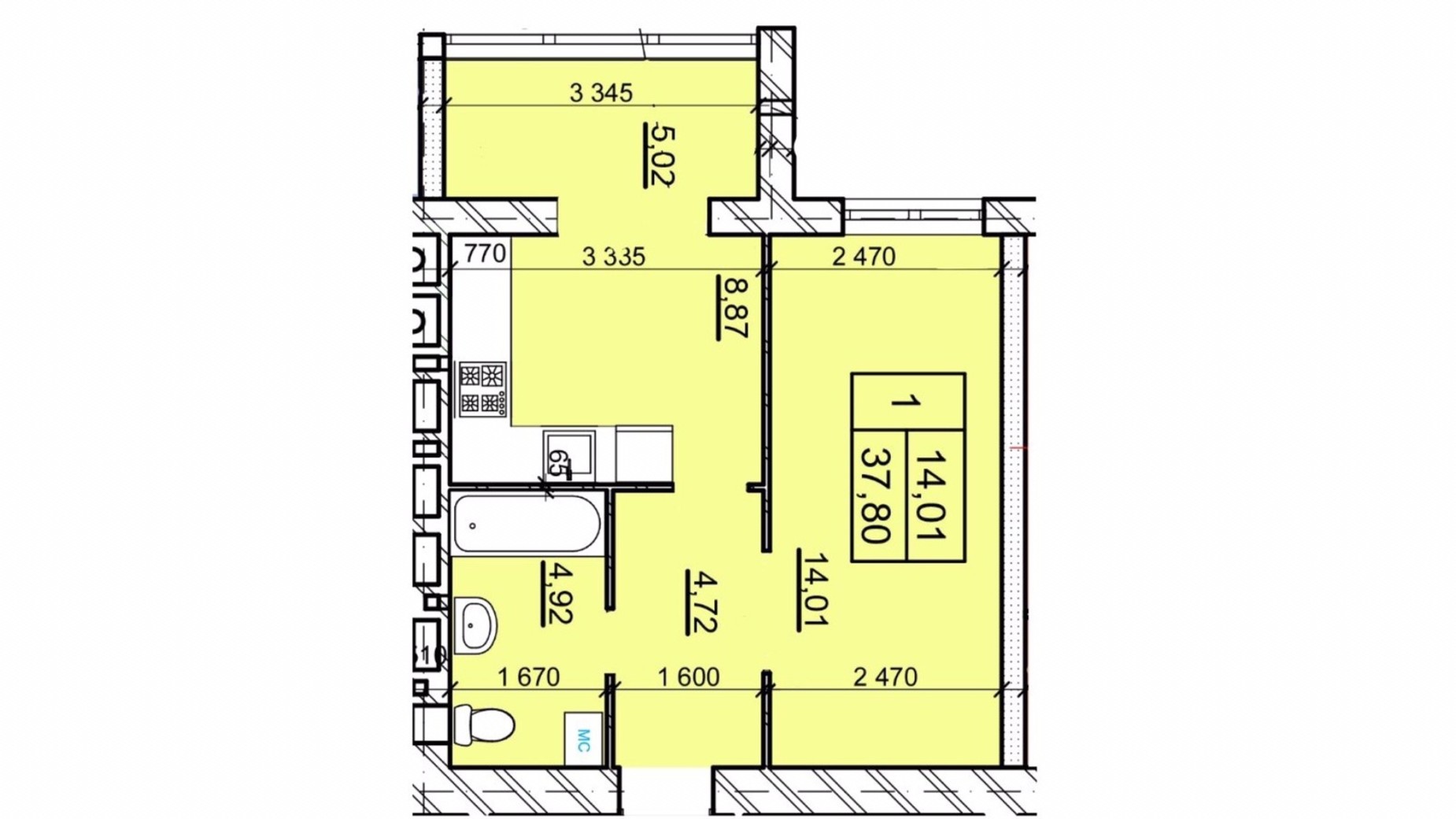 Планування 1-кімнатної квартири в ЖК Дім 3 37.8 м², фото 654776