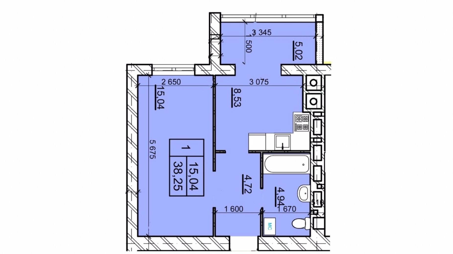 Планировка 1-комнатной квартиры в ЖК Дом 3 38.25 м², фото 654777