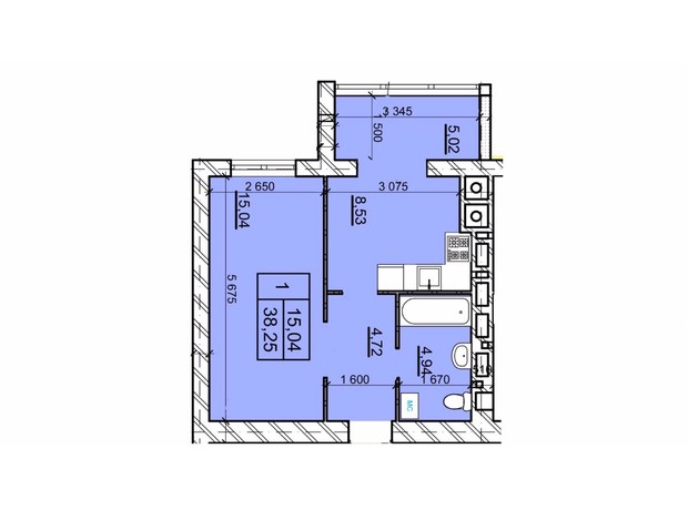 ЖК Дім 3: планування 1-кімнатної квартири 38.25 м²