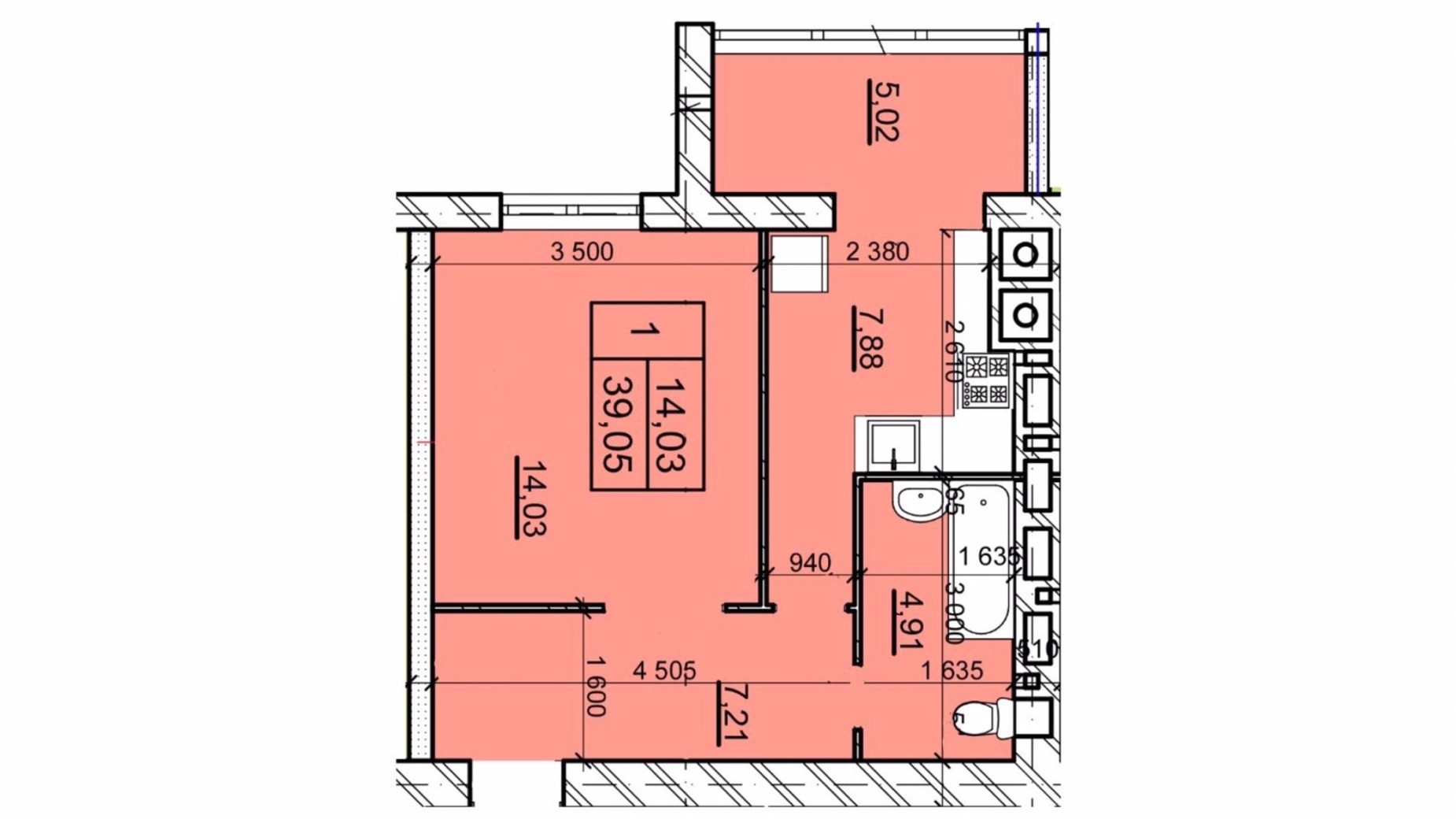 Планировка 1-комнатной квартиры в ЖК Дом 3 39.05 м², фото 654780
