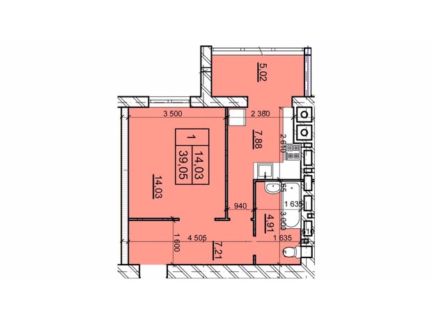 ЖК Дім 3: планування 1-кімнатної квартири 39.05 м²