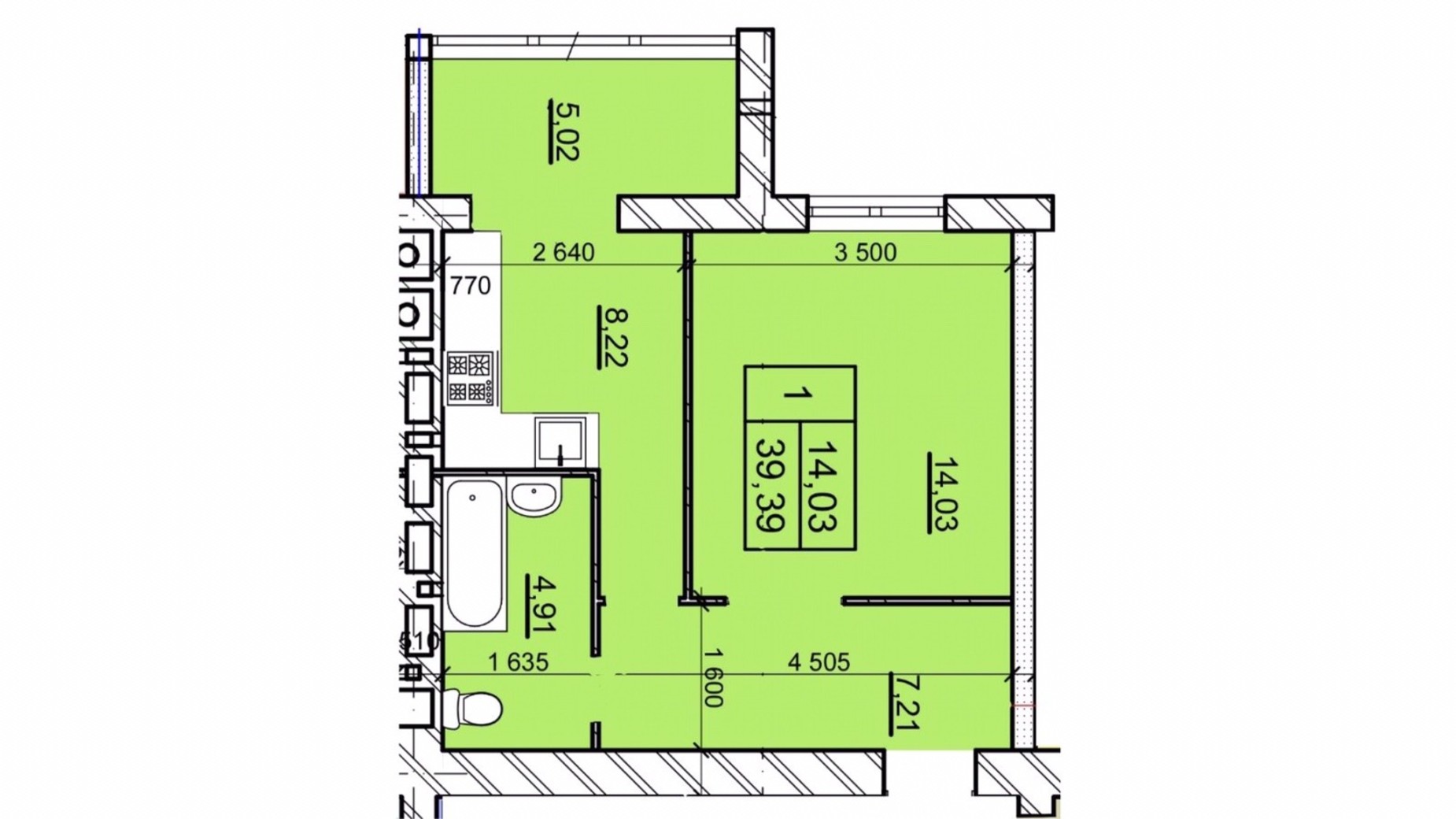 Планировка 1-комнатной квартиры в ЖК Дом 3 39.39 м², фото 654788