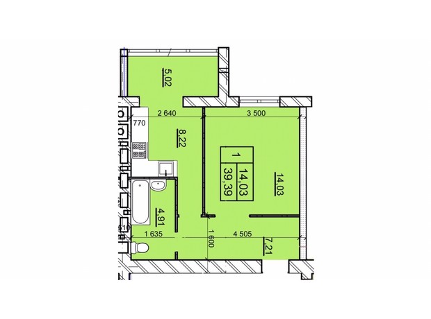 ЖК Дім 3: планування 1-кімнатної квартири 39.39 м²