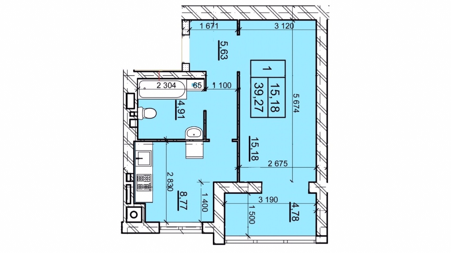 Планировка 1-комнатной квартиры в ЖК Дом 3 39.27 м², фото 654789