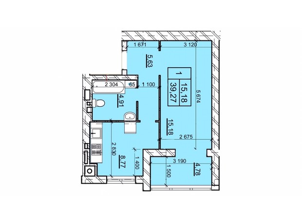 ЖК Дом 3: планировка 1-комнатной квартиры 39.27 м²