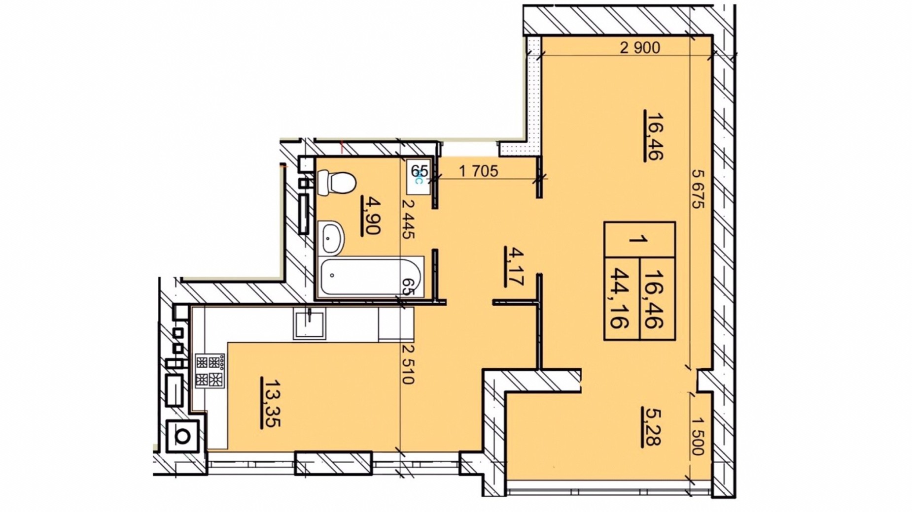 Планировка 1-комнатной квартиры в ЖК Дом 3 44.16 м², фото 654806