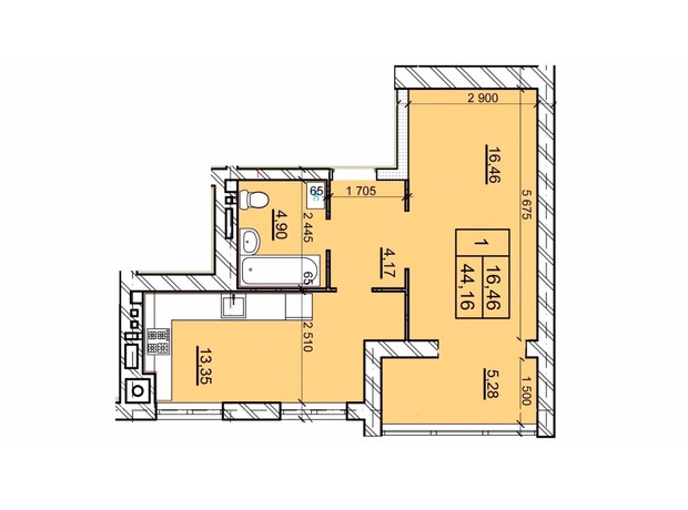 ЖК Дім 3: планування 1-кімнатної квартири 44.16 м²