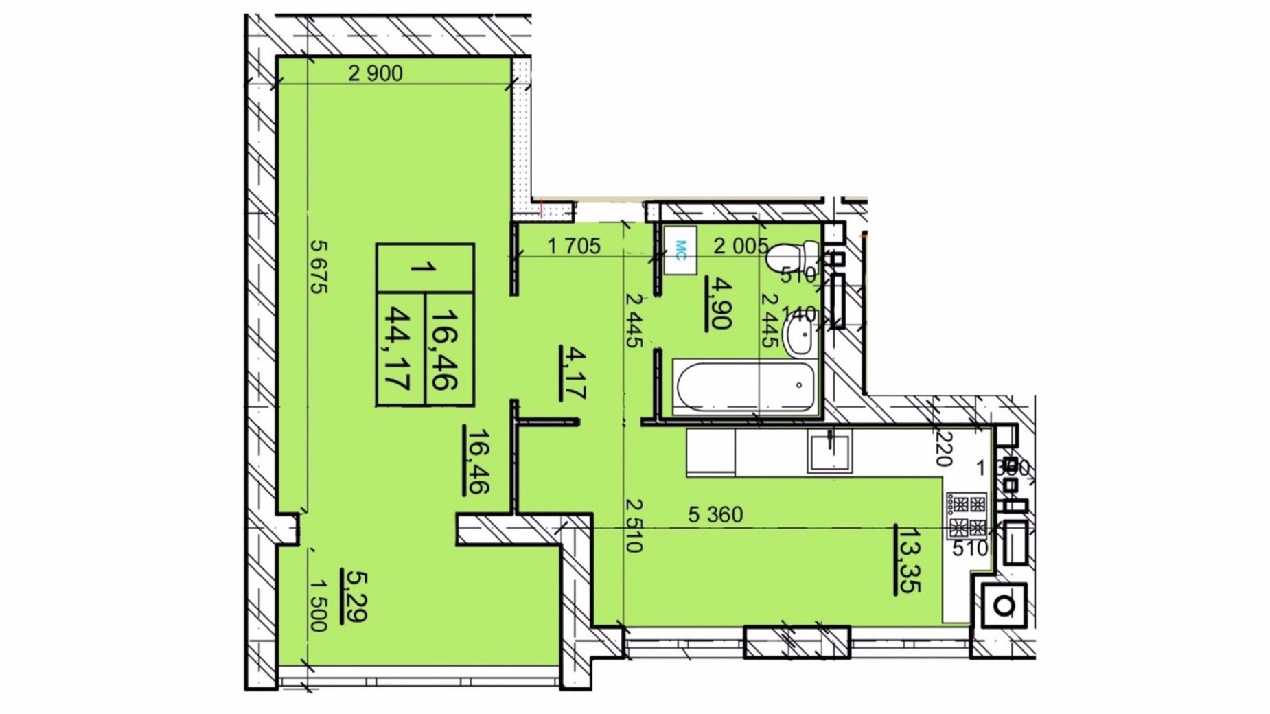 Планування 1-кімнатної квартири в ЖК Дім 3 44.17 м², фото 654807