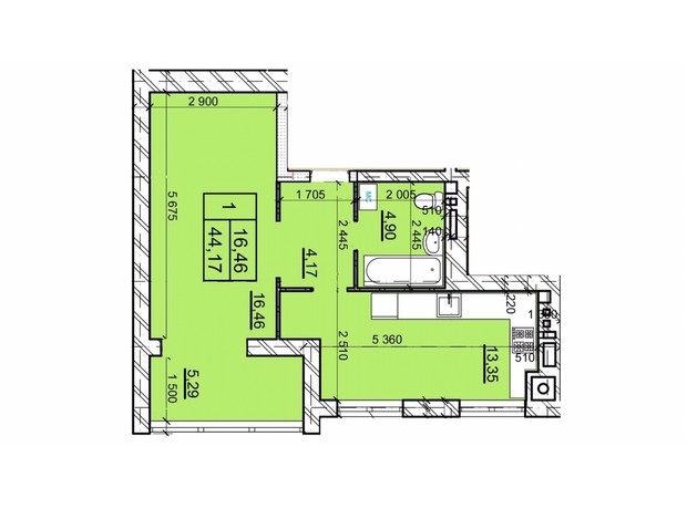 ЖК Дом 3: планировка 1-комнатной квартиры 44.17 м²