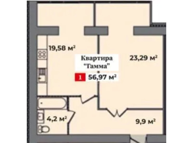 ЖК Корона Дубово: планування 1-кімнатної квартири 56.97 м²