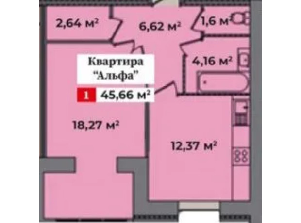 ЖК Корона Дубово: планування 1-кімнатної квартири 45.66 м²