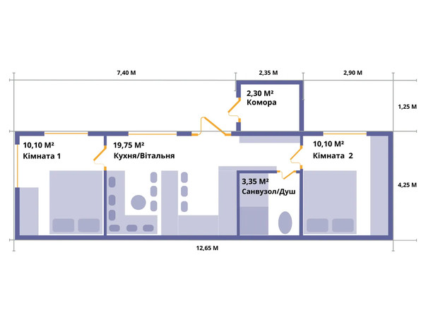КГ Krasia Residence: планировка 2-комнатной квартиры 56.7 м²