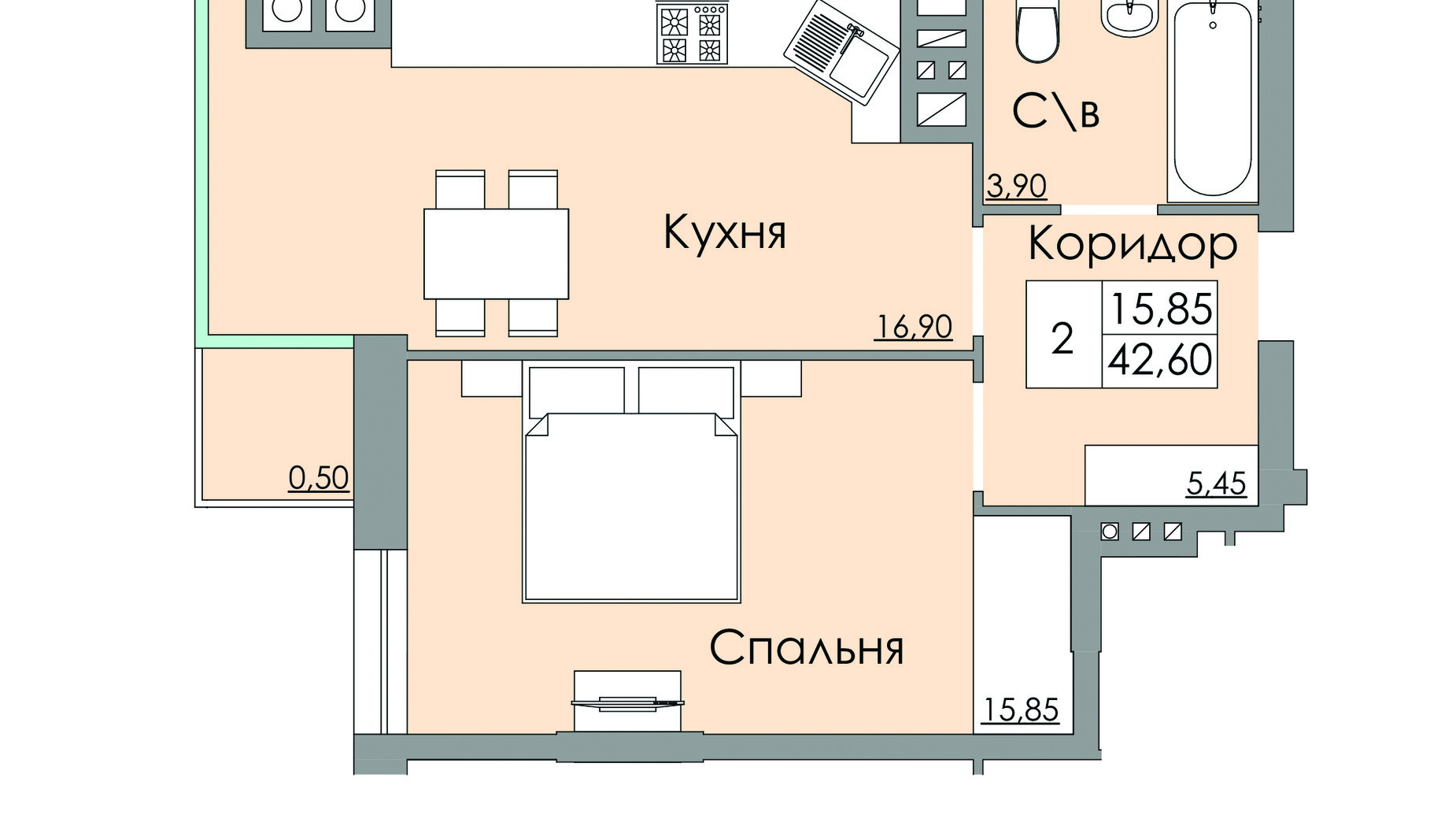 Планування 1-кімнатної квартири в ЖК Панда 42.6 м², фото 65515