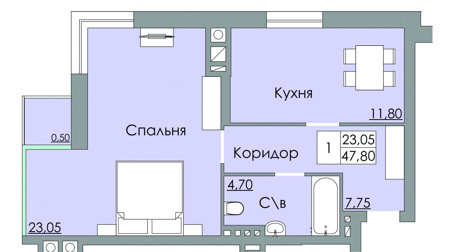 Планировка 1-комнатной квартиры в ЖК Панда 47.8 м², фото 65517