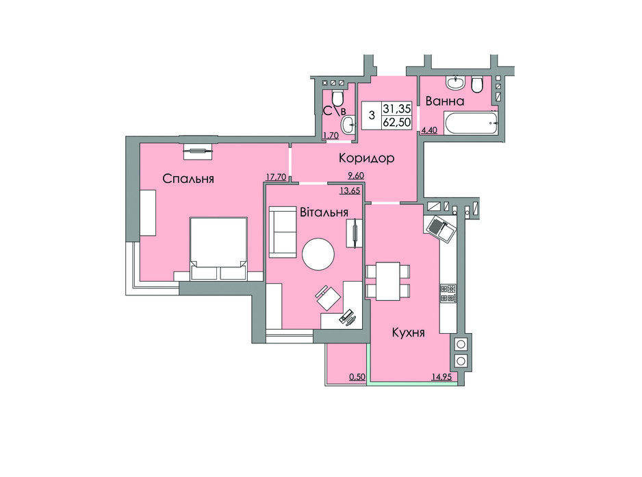 Планировка 2-комнатной квартиры в ЖК Панда 62.5 м², фото 65521 Планировка 2-комнатной квартиры в ЖК Панда 62.5 м², фото 65521