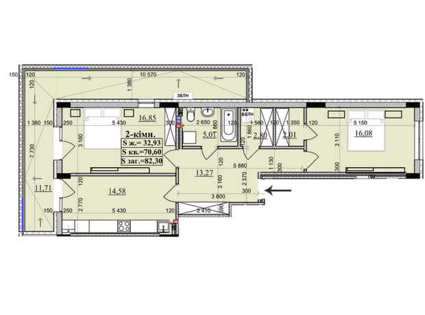 ЖК KhustSky: планировка 2-комнатной квартиры 83.06 м²