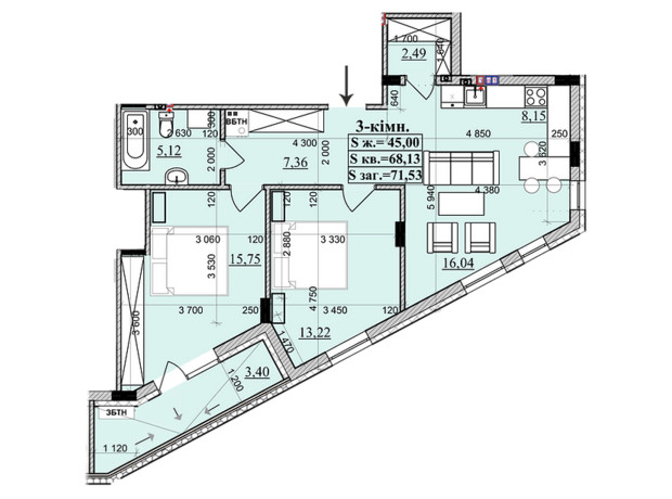 ЖК KhustSky: планування 2-кімнатної квартири 71.53 м²