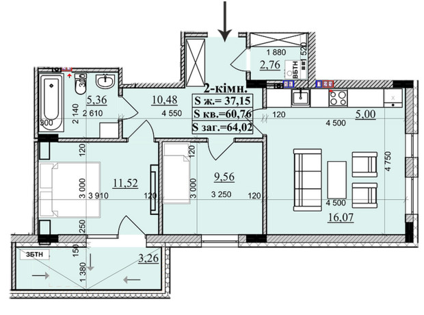 ЖК KhustSky: планировка 2-комнатной квартиры 64.36 м²